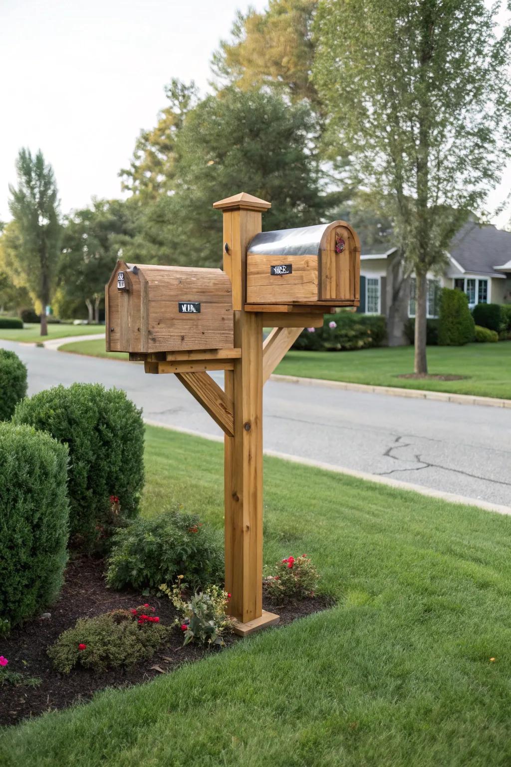 A dual cedar mailbox system, ideal for extra mail capacity.