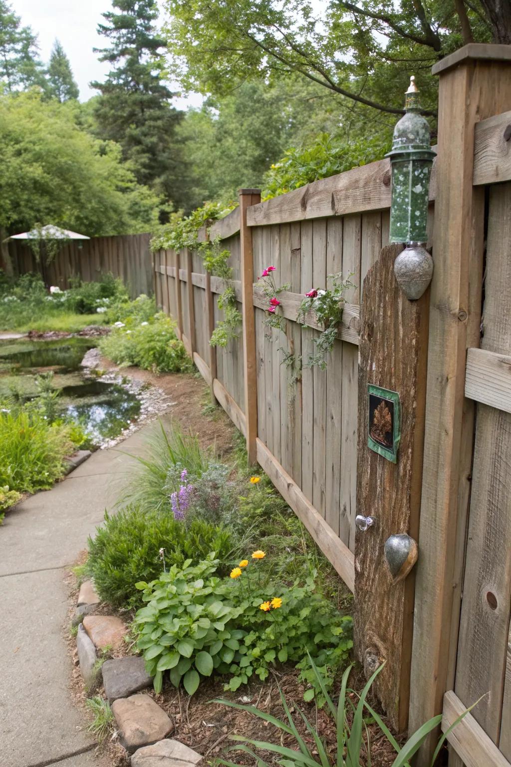 Eco-friendly fence with personalized recycled elements.