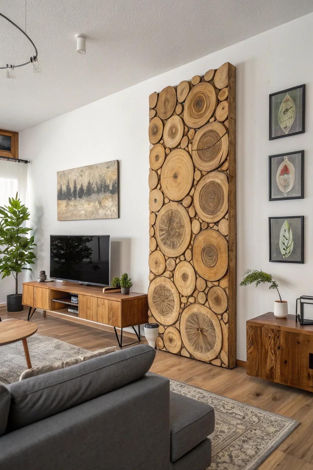 A modern living room with cedar slab wall art.