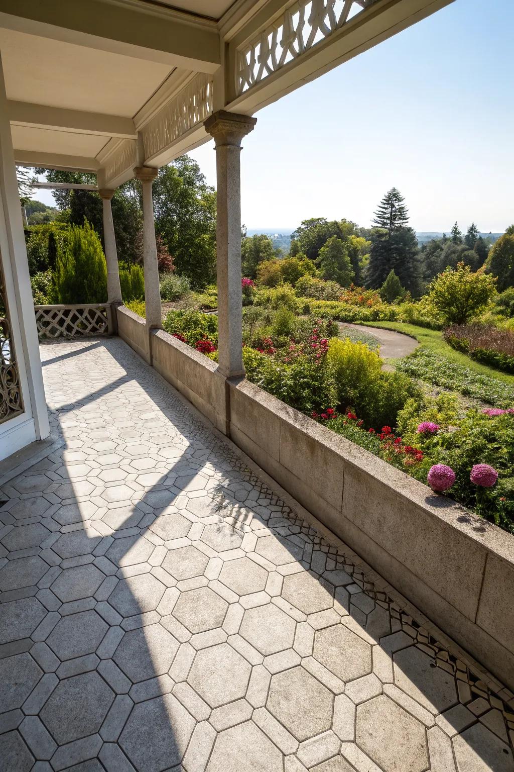An unusual shape gives this cement porch a distinctive look.