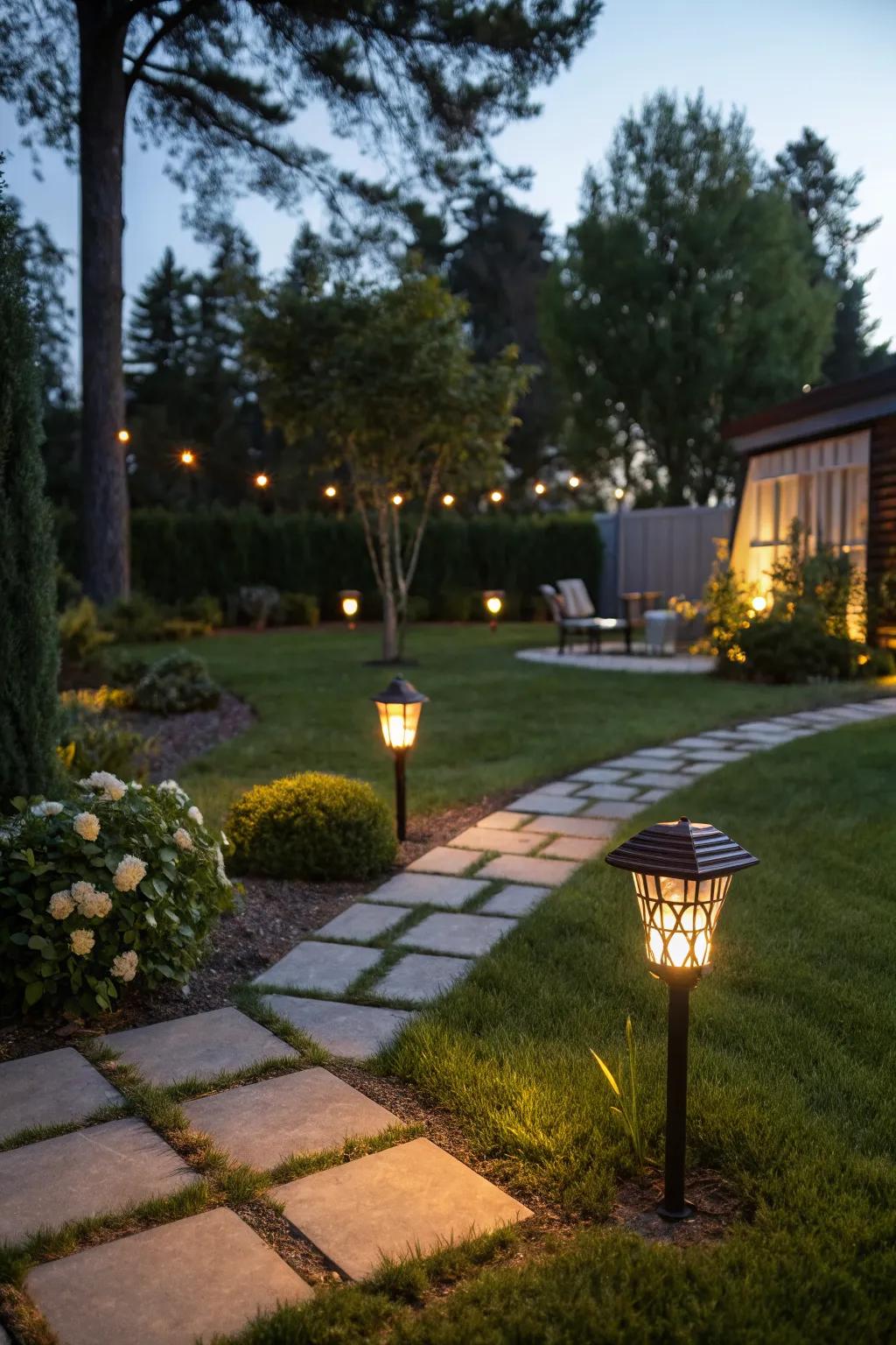 Solar-powered lights provide eco-friendly illumination.