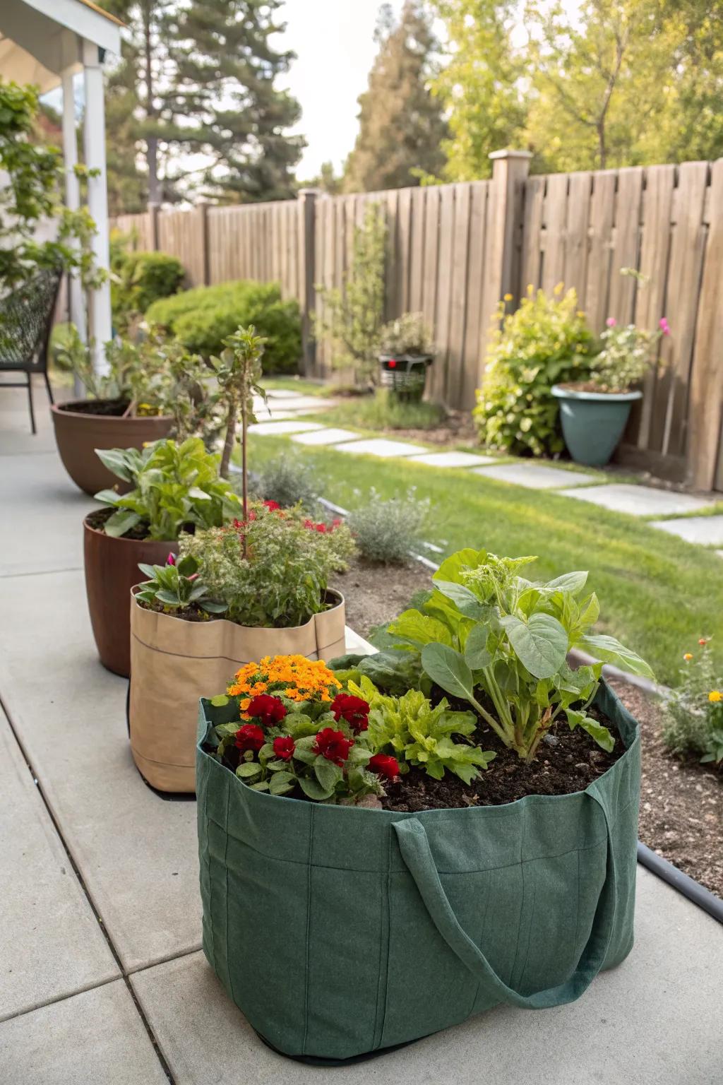 Fabric grow bags offer flexibility and affordability for garden planting.