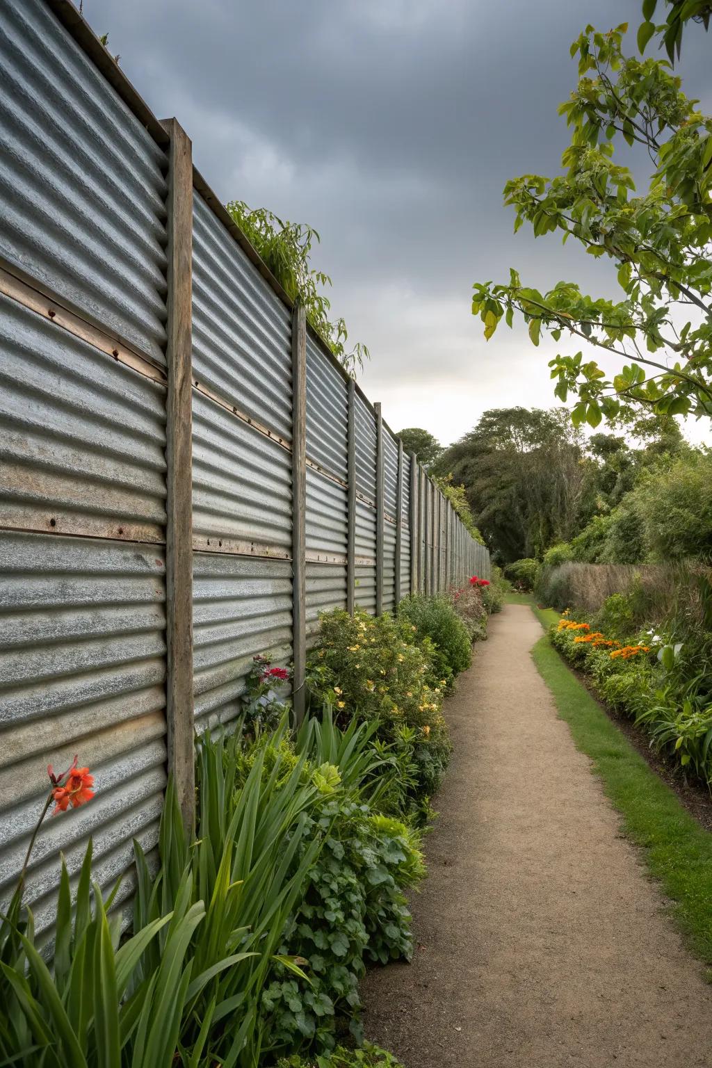 A garden wall featuring corrugated metal panels.