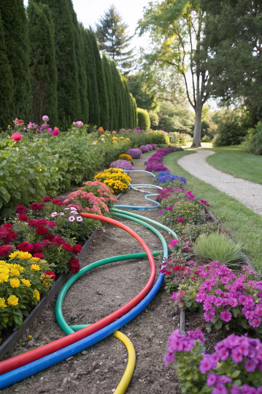 Old hoses make for flexible, playful garden borders.
