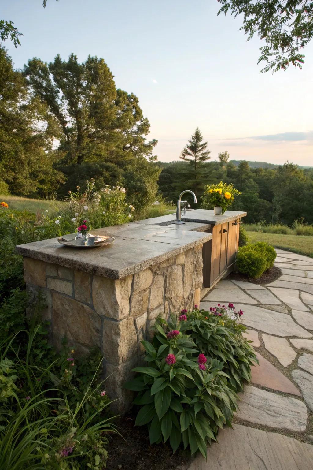 Flagstone countertops enhance the natural beauty of any garden kitchen.