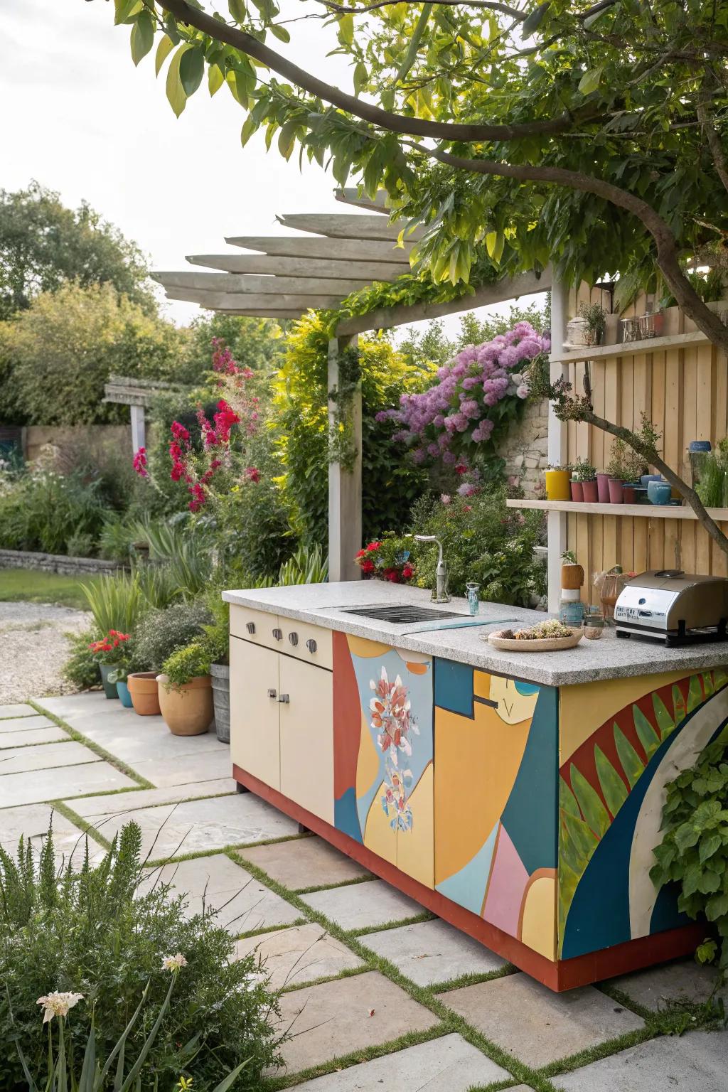 Painted plywood countertops provide a customizable and affordable outdoor kitchen solution.