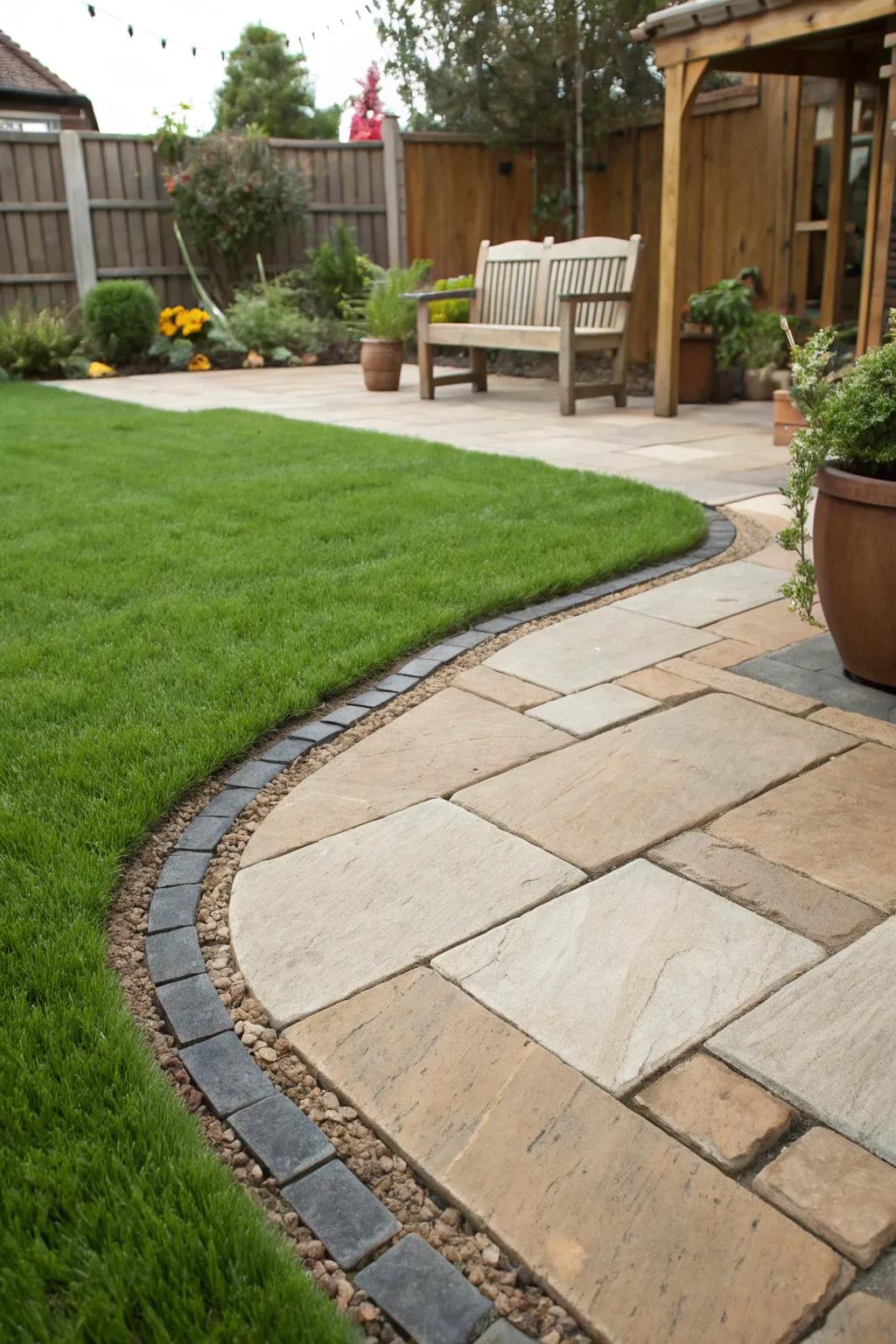 Grass edging creates a seamless blend between patio and lawn.