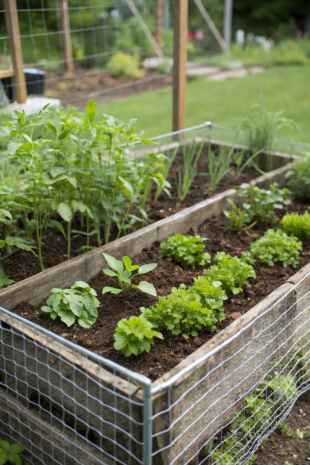 Wire mesh provides a breathable and pest-resistant raised bed.