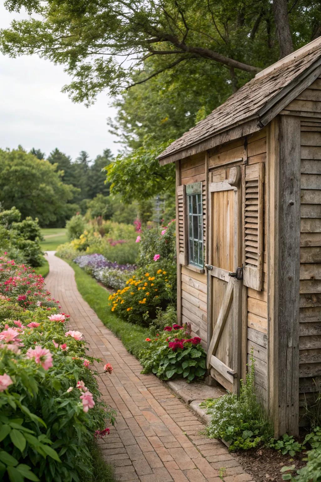 Rustic shutters enhance a shed's charm and appeal.
