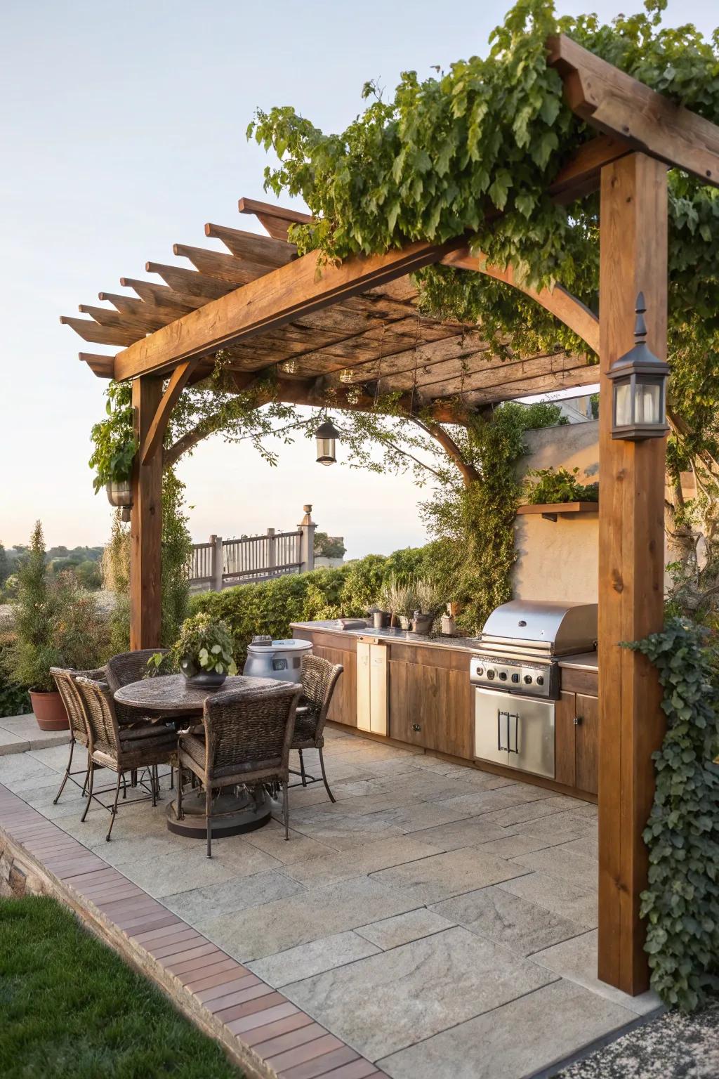 A simple pergola adds structure and comfort to the area.