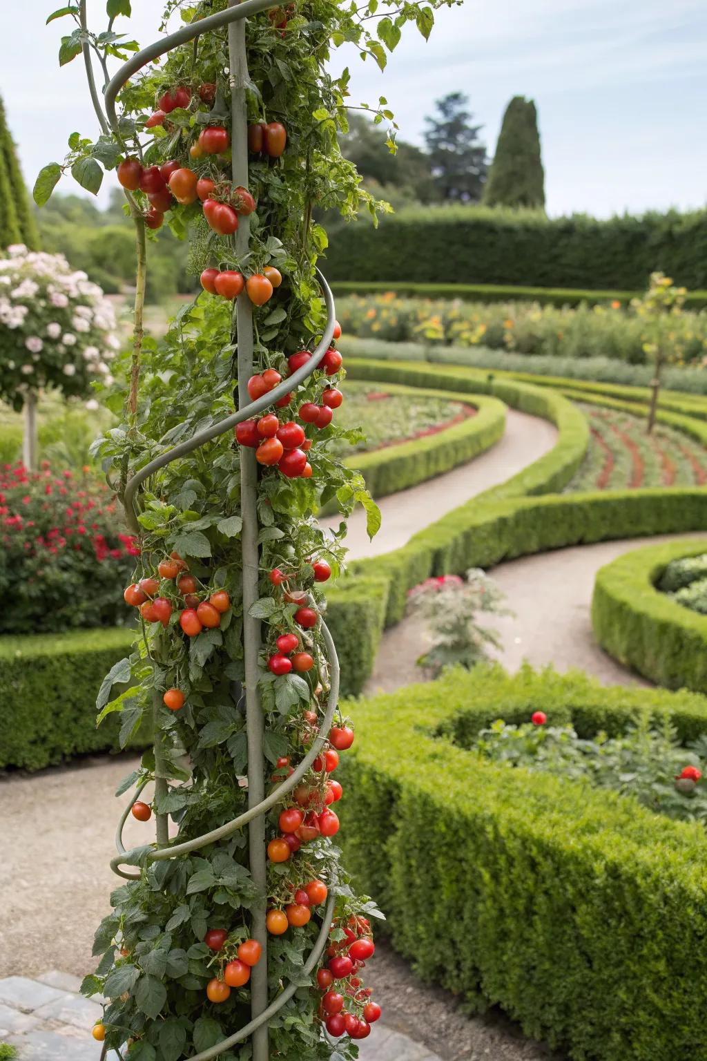 An artistic spiral trellis adorned with cherry tomatoes in a captivating garden.