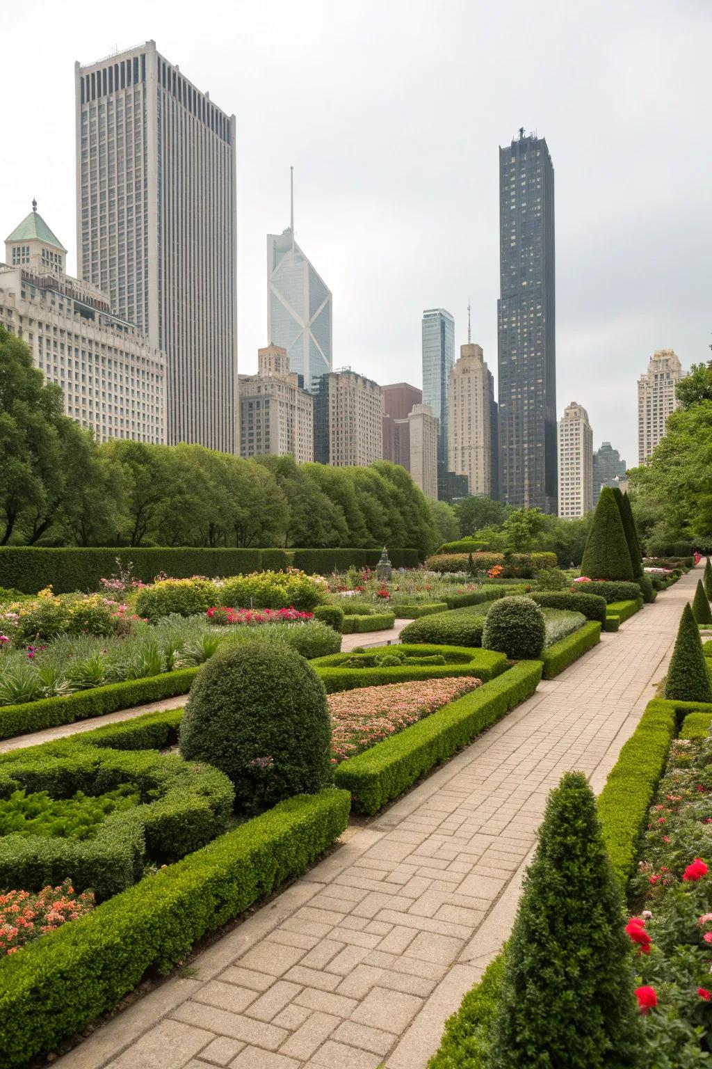 A balanced Chicago garden with symmetrical beauty.