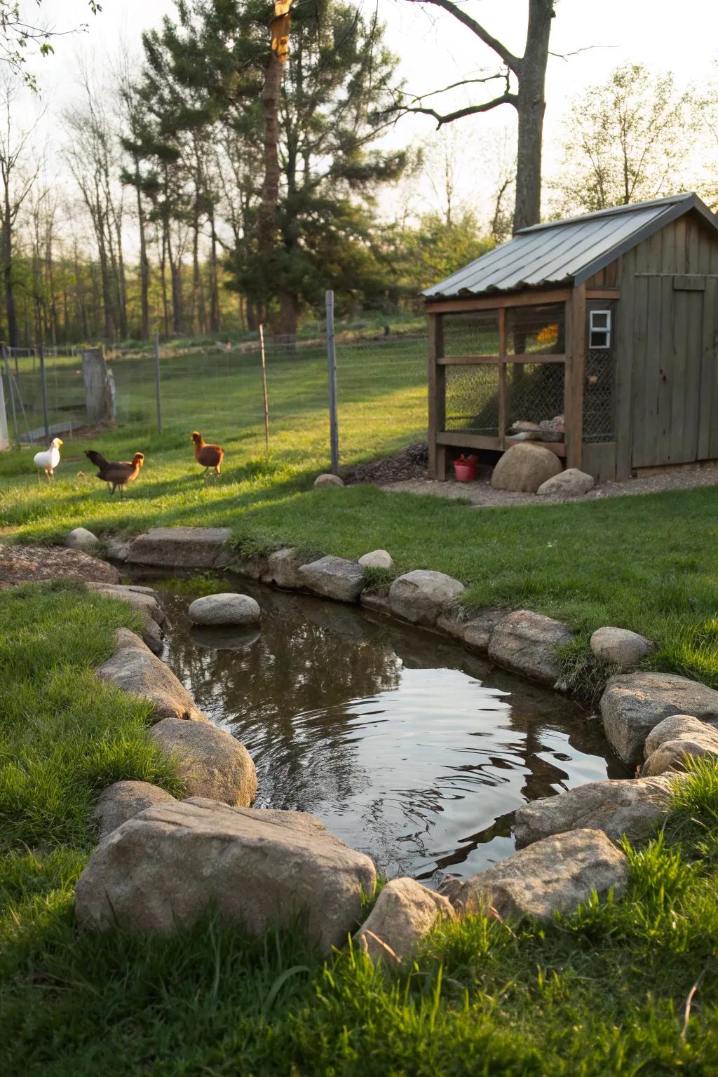 A water feature adds tranquility and enjoyment for chickens.