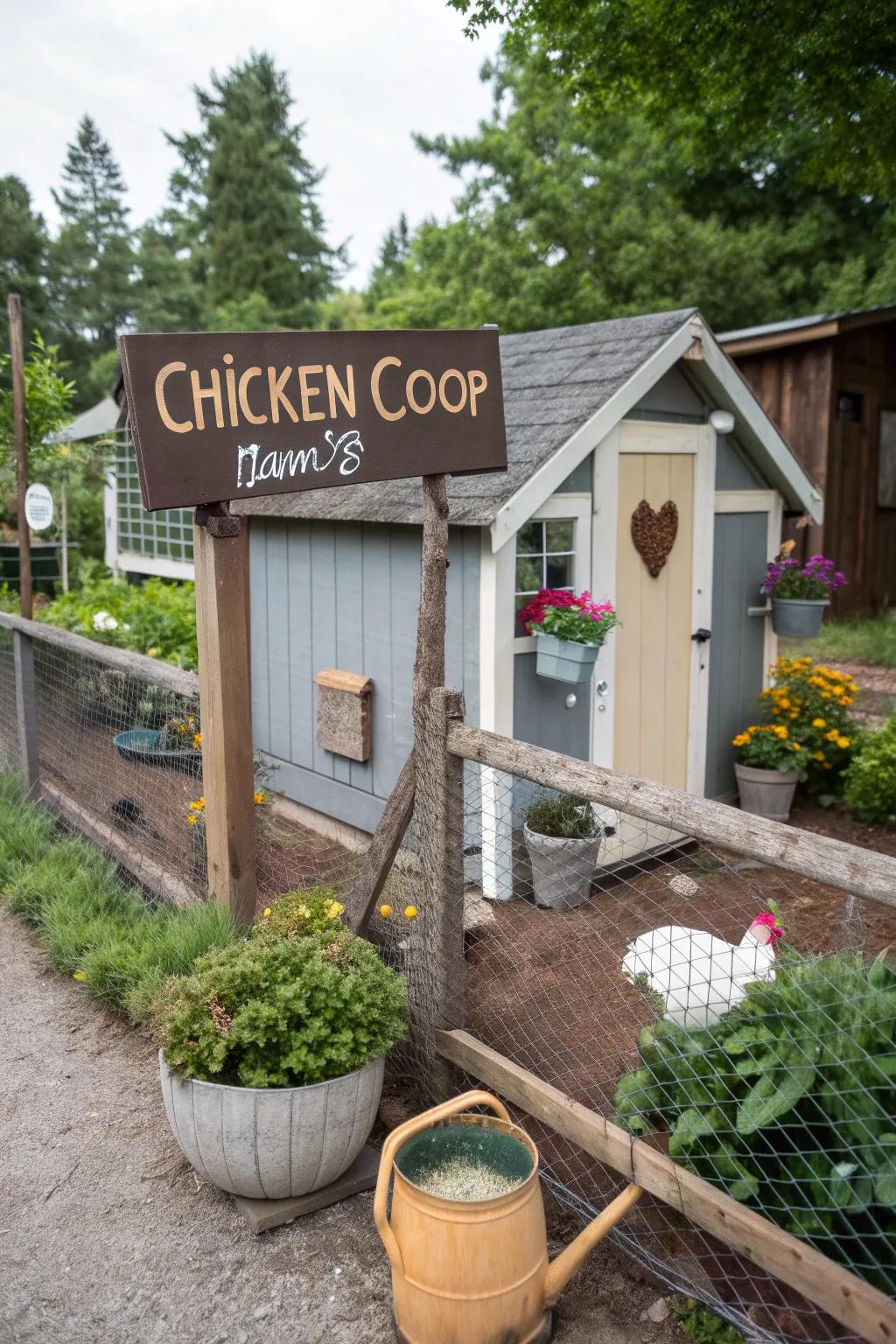 Personalized signs add a unique and endearing touch to the coop.