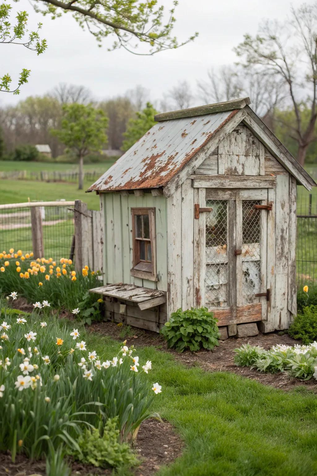 A vintage-inspired chicken coop with a charming distressed finish.