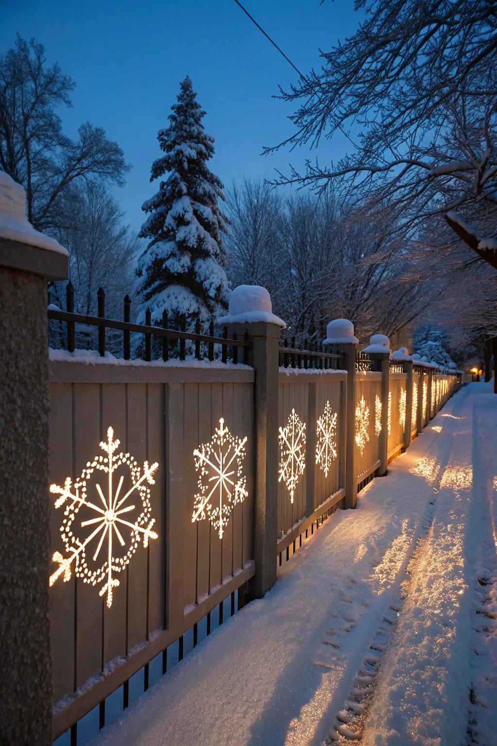 Snowflake patterns project a winter wonderland on the fence.