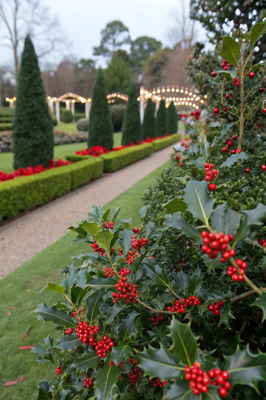Holly bushes add a classic Christmas touch with their red berries.
