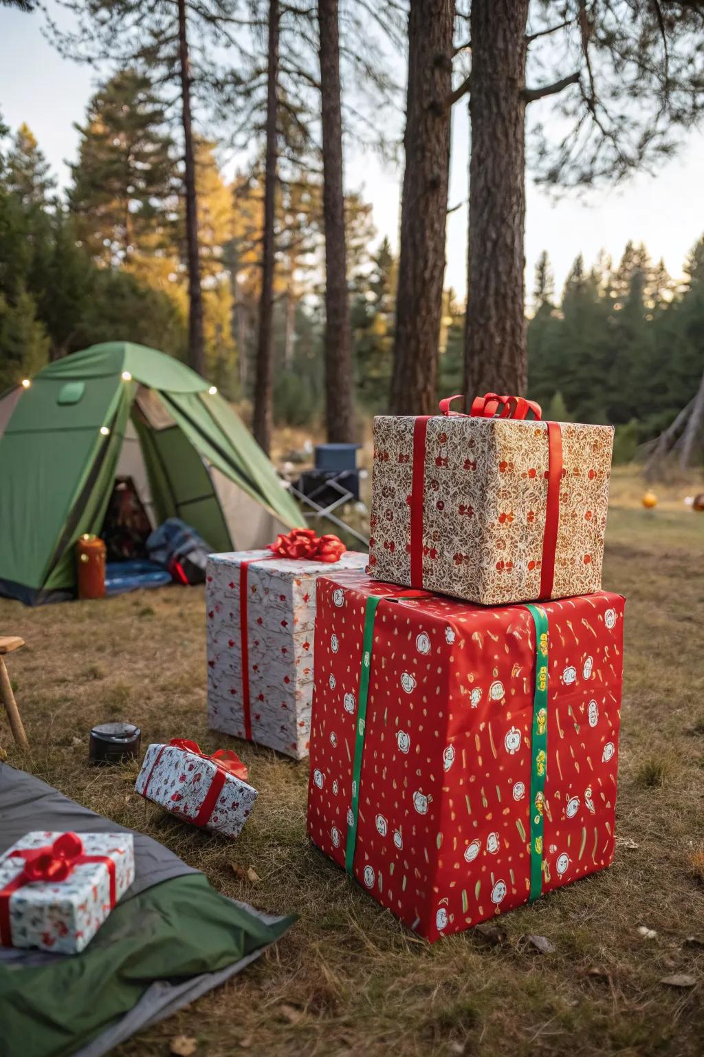 Giant presents add a festive touch to your campsite.