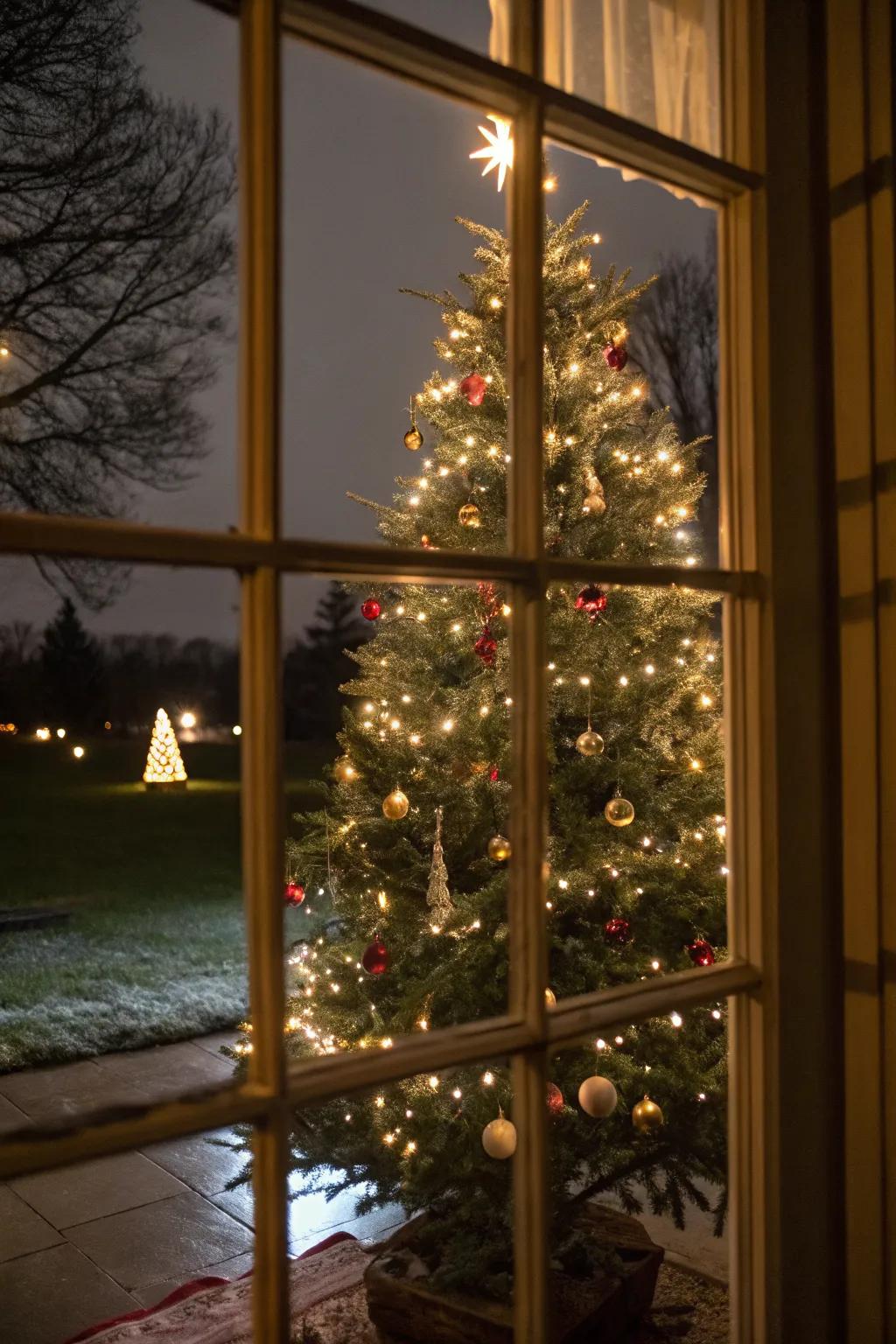 A cozy view of an indoor Christmas tree, framed by outdoor lights.