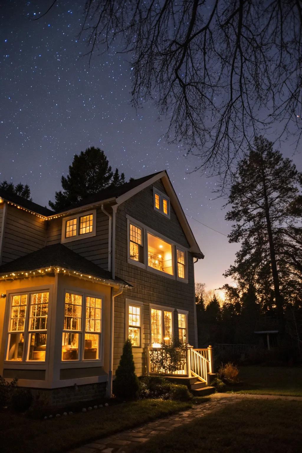 Sparkling lights outlining house windows.