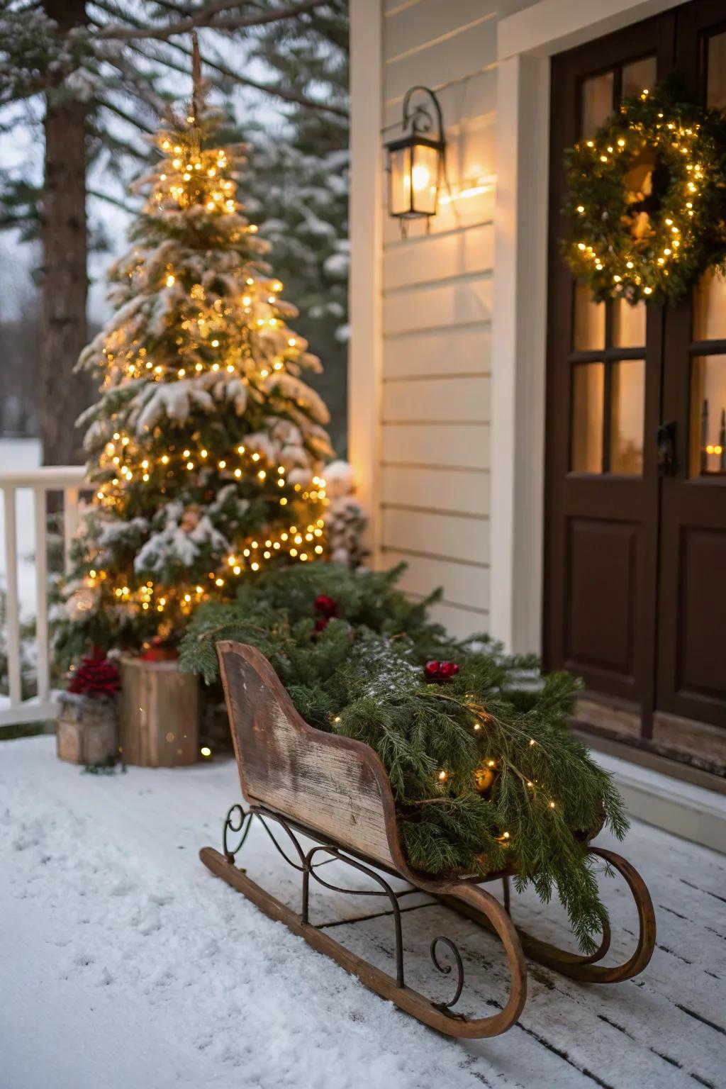 A vintage sled adds nostalgic charm to your Christmas porch.