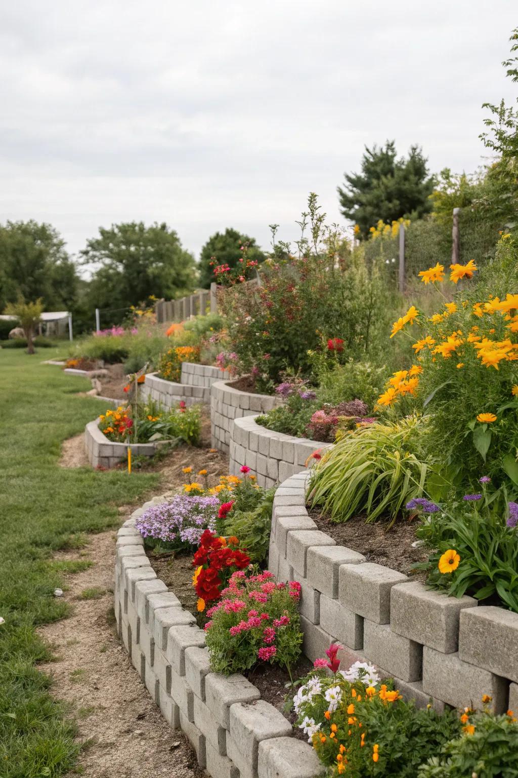 Wavy cinder block borders add a whimsical touch to garden designs.