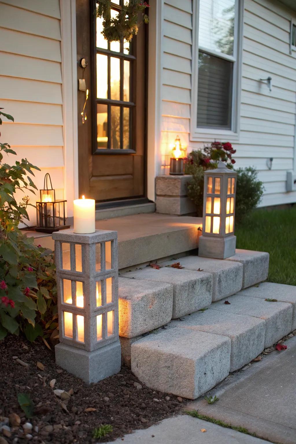 Ambient lighting with cinder block lantern holders.