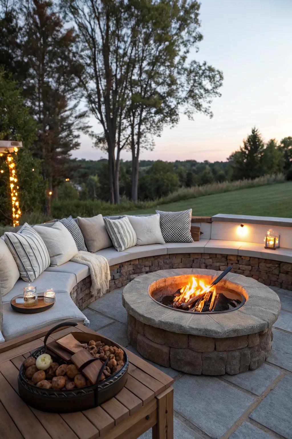 A built-in s'mores station adds fun and functionality to this fire pit setup.