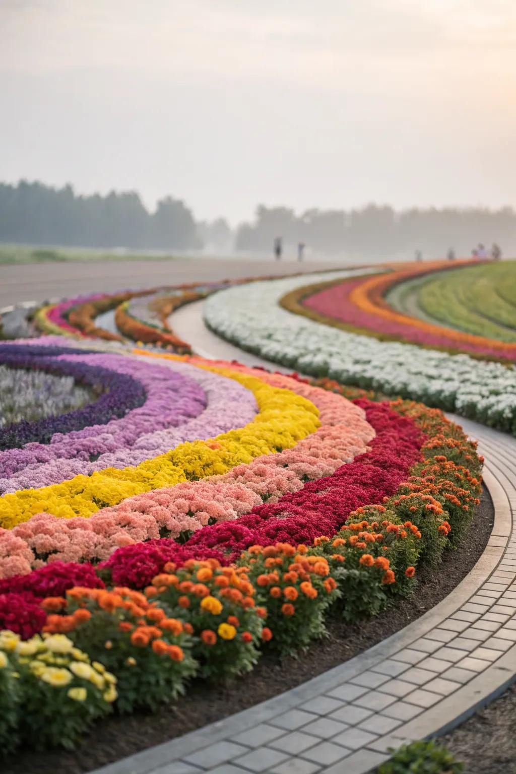 A circular flower bed featuring a stunning color wheel design.