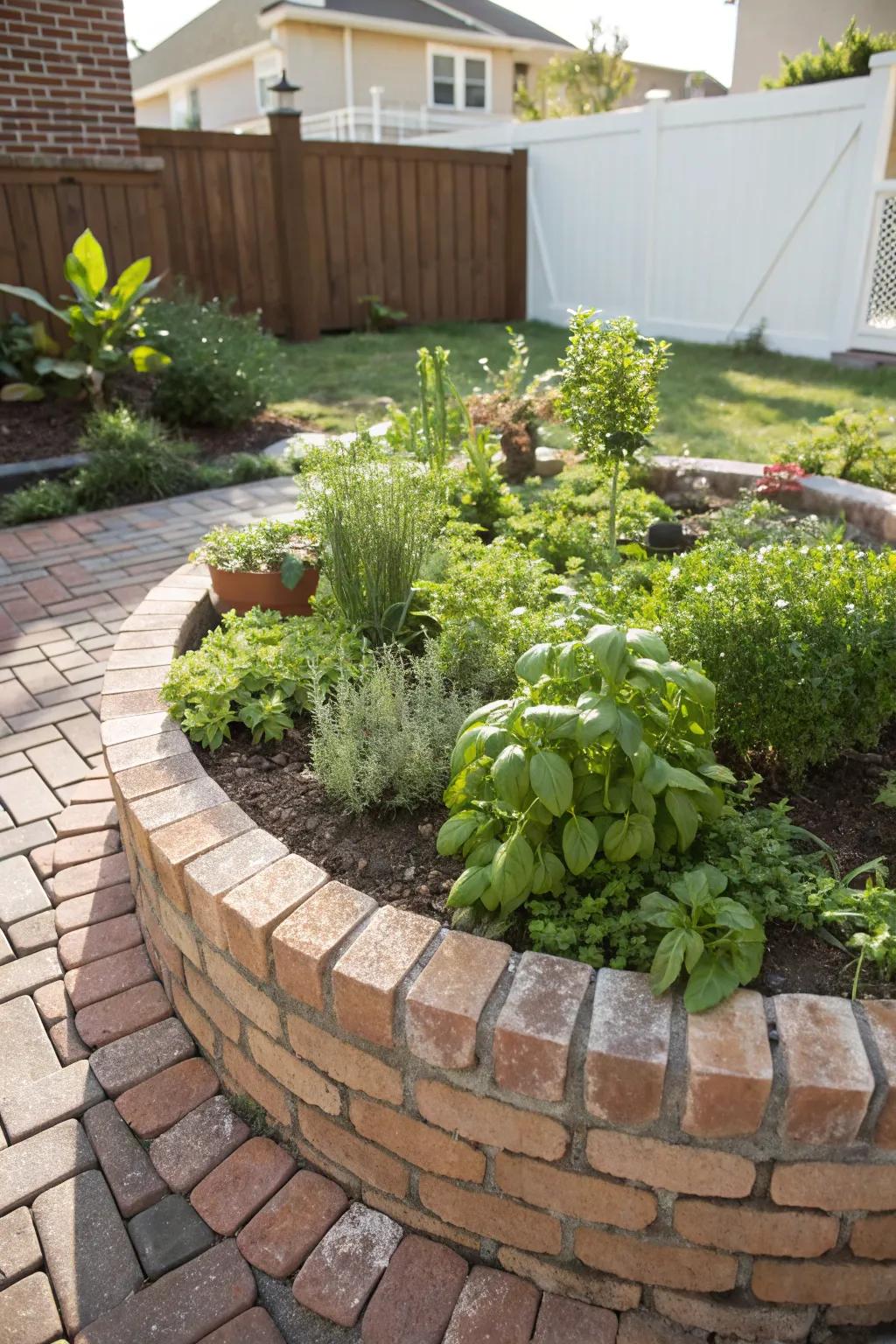 Pick fresh herbs easily from a circular brick herb garden.