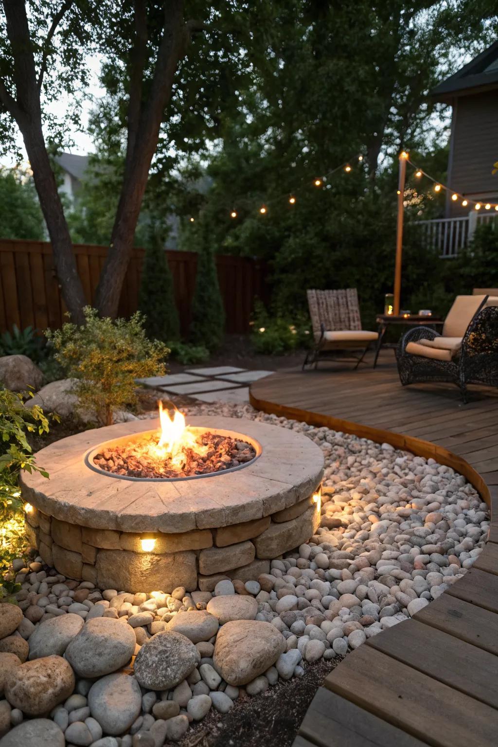 Integrated lighting enhances safety and ambiance around fire pits.
