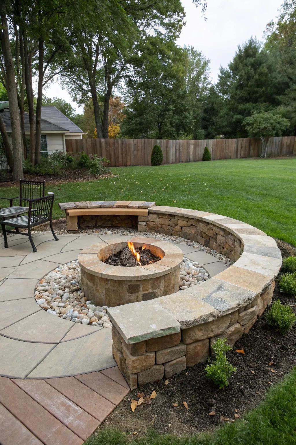 Circular benches offer a communal and inviting seating option around a fire pit.