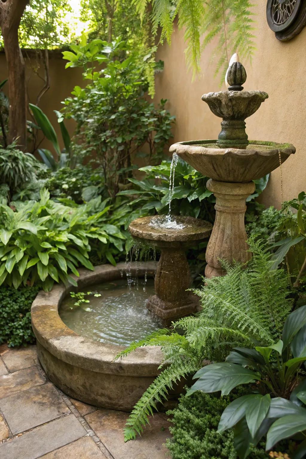 A small garden fountain adding tranquility to the landscape.