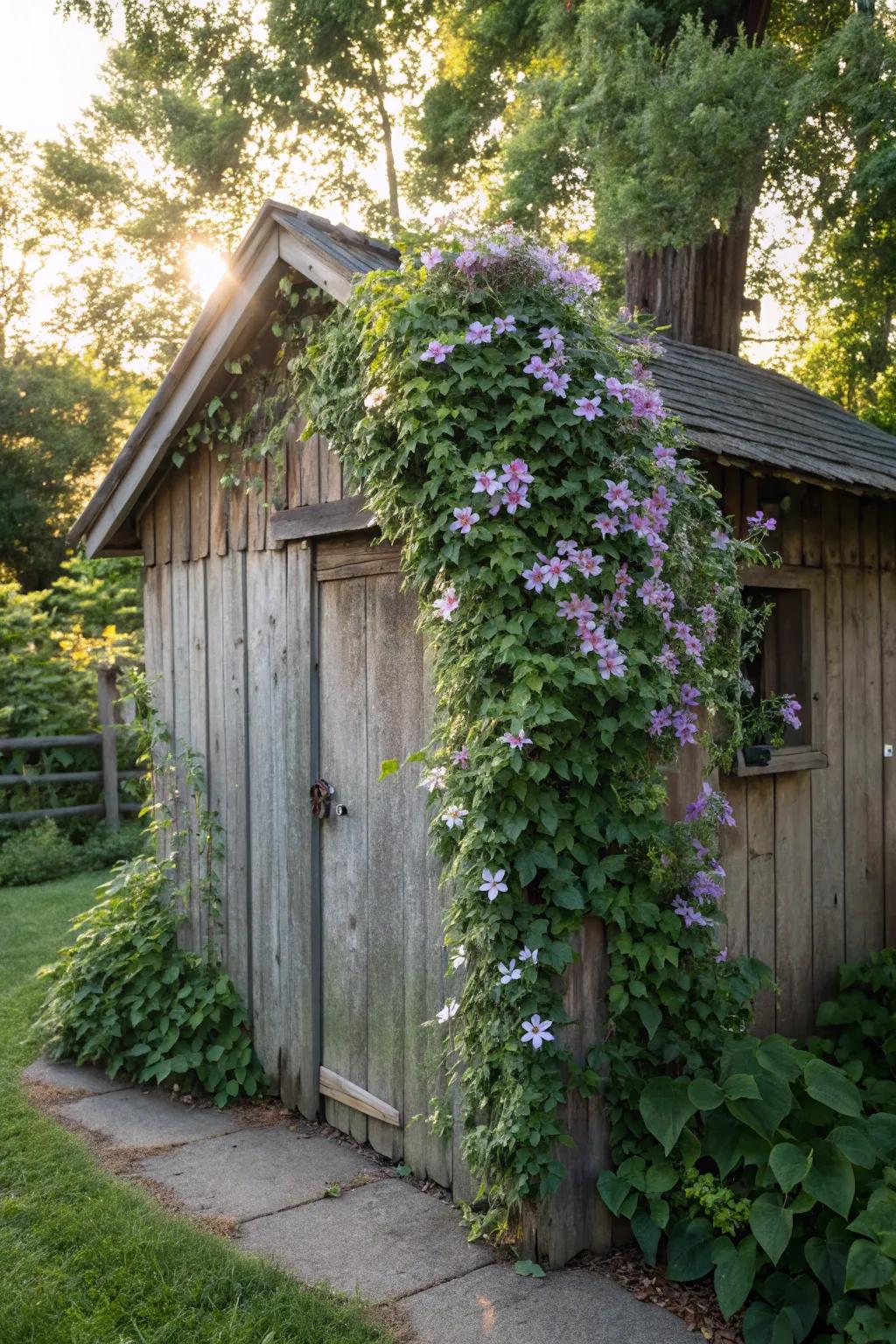 Clematis adding charm to a rustic shed.