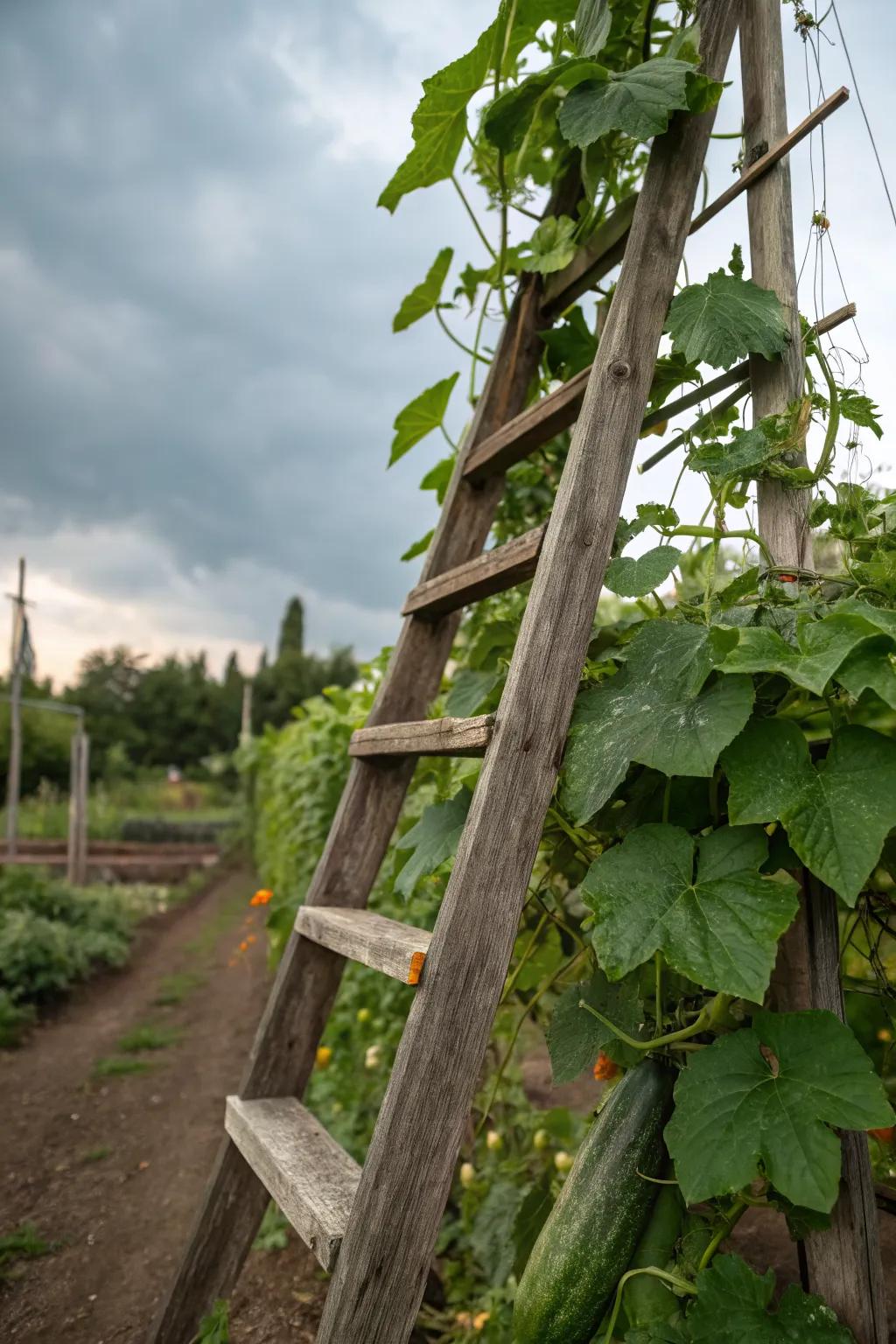 An old ladder given new life as a cucumber trellis.