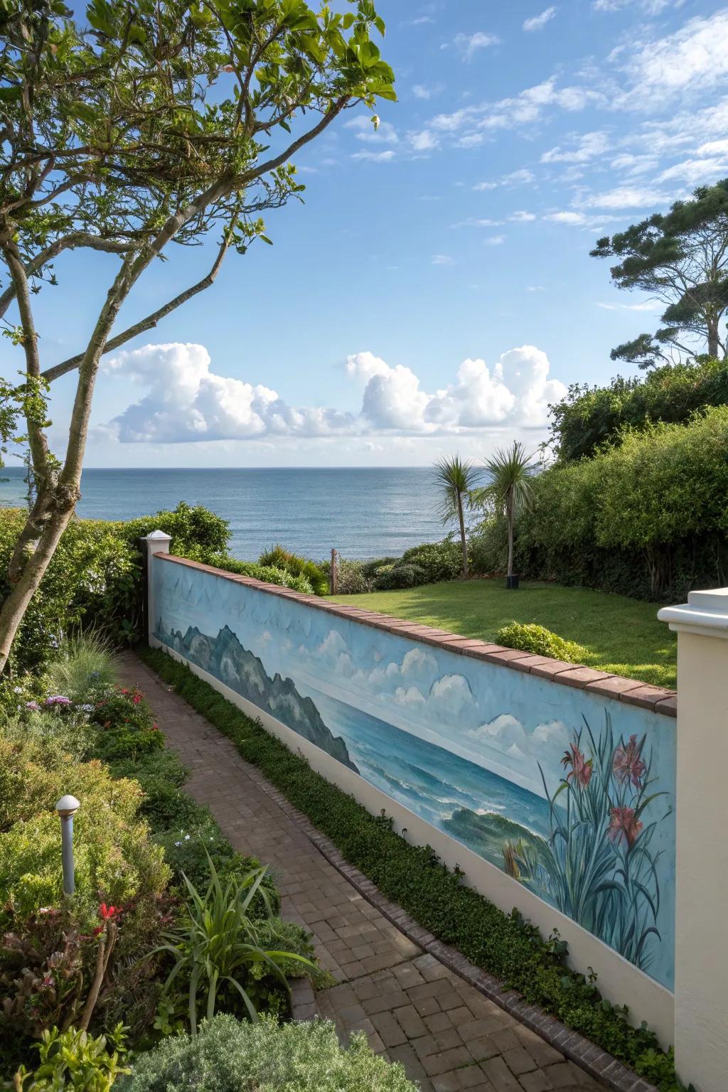 A garden wall transformed with a vibrant coastal mural.