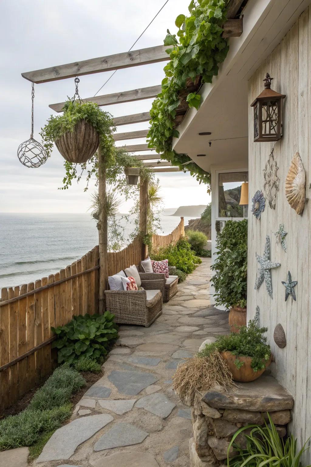 Vertical elements add greenery and style to a coastal patio.