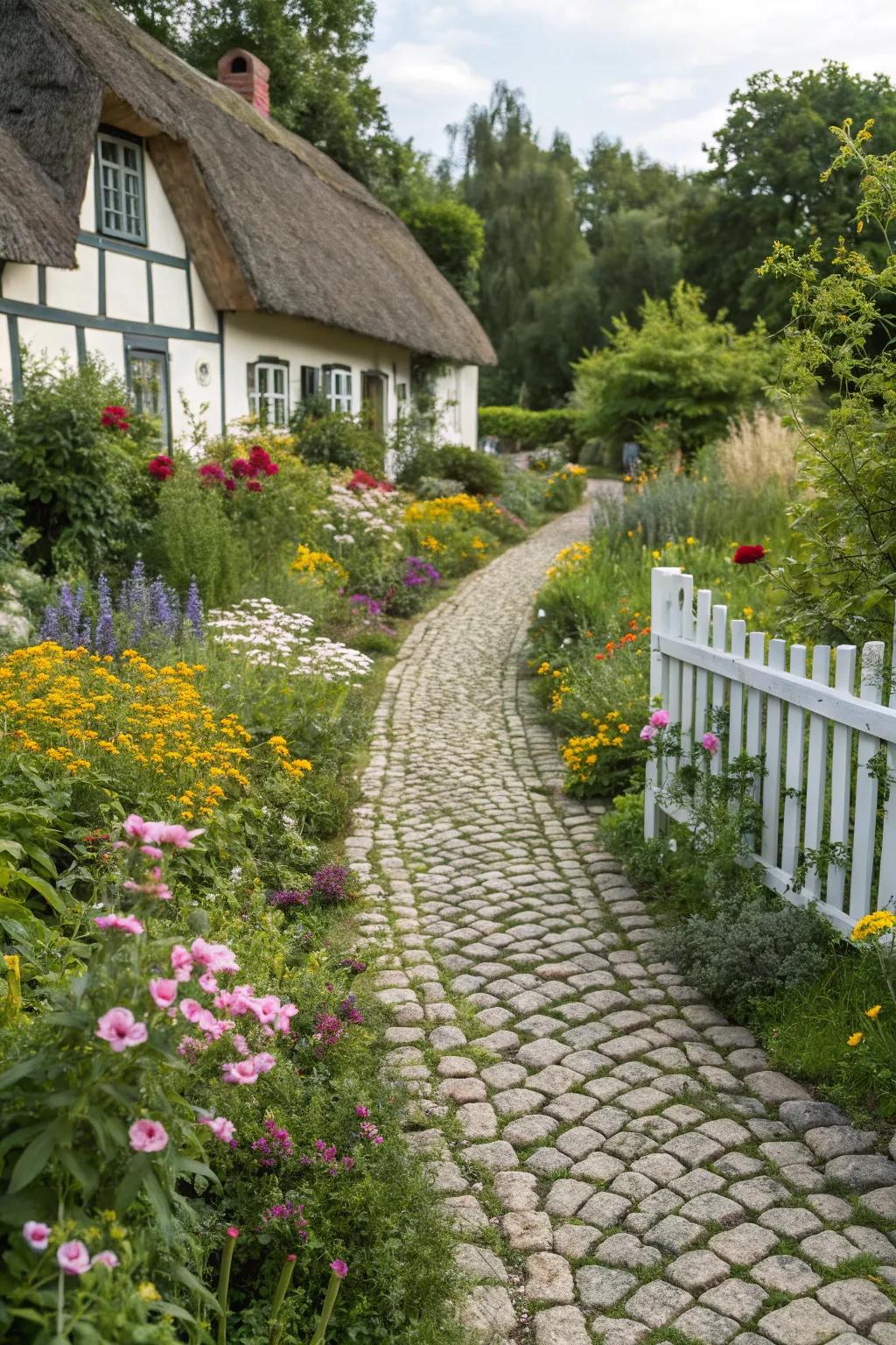 A charming cottage-style cobblestone walkway with wildflowers.