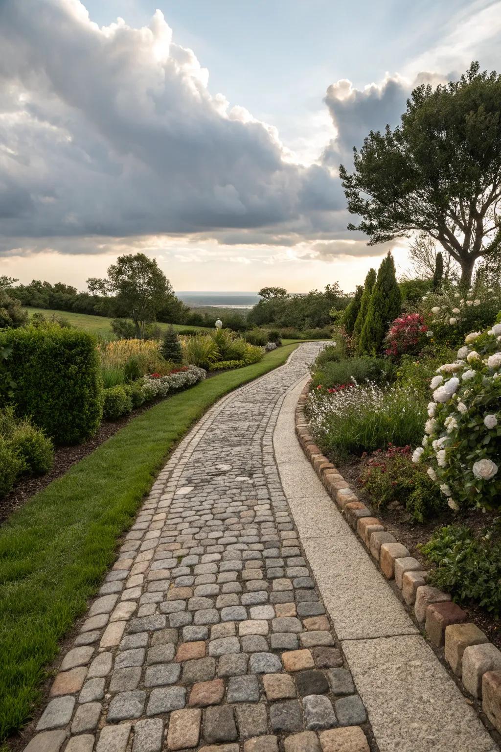 Cobblestone borders framing a chic garden path.