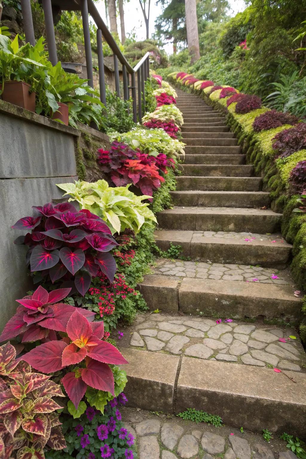 Coleus-lined stairs add drama to garden pathways.
