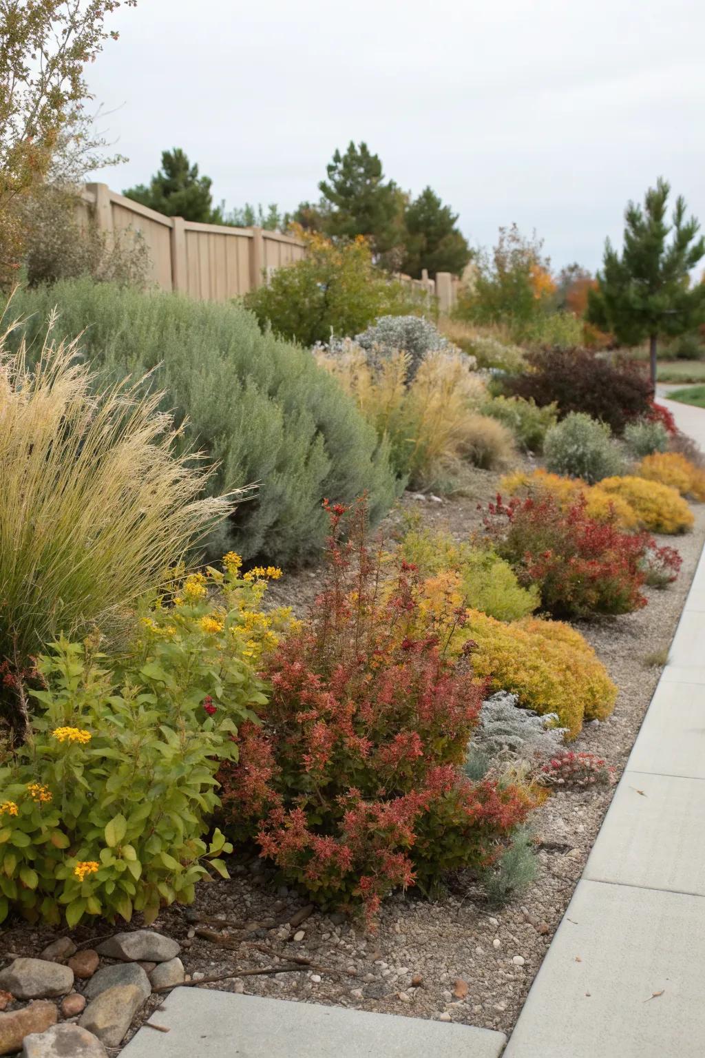 Native shrubs offer structure and privacy in a xeriscaped garden.