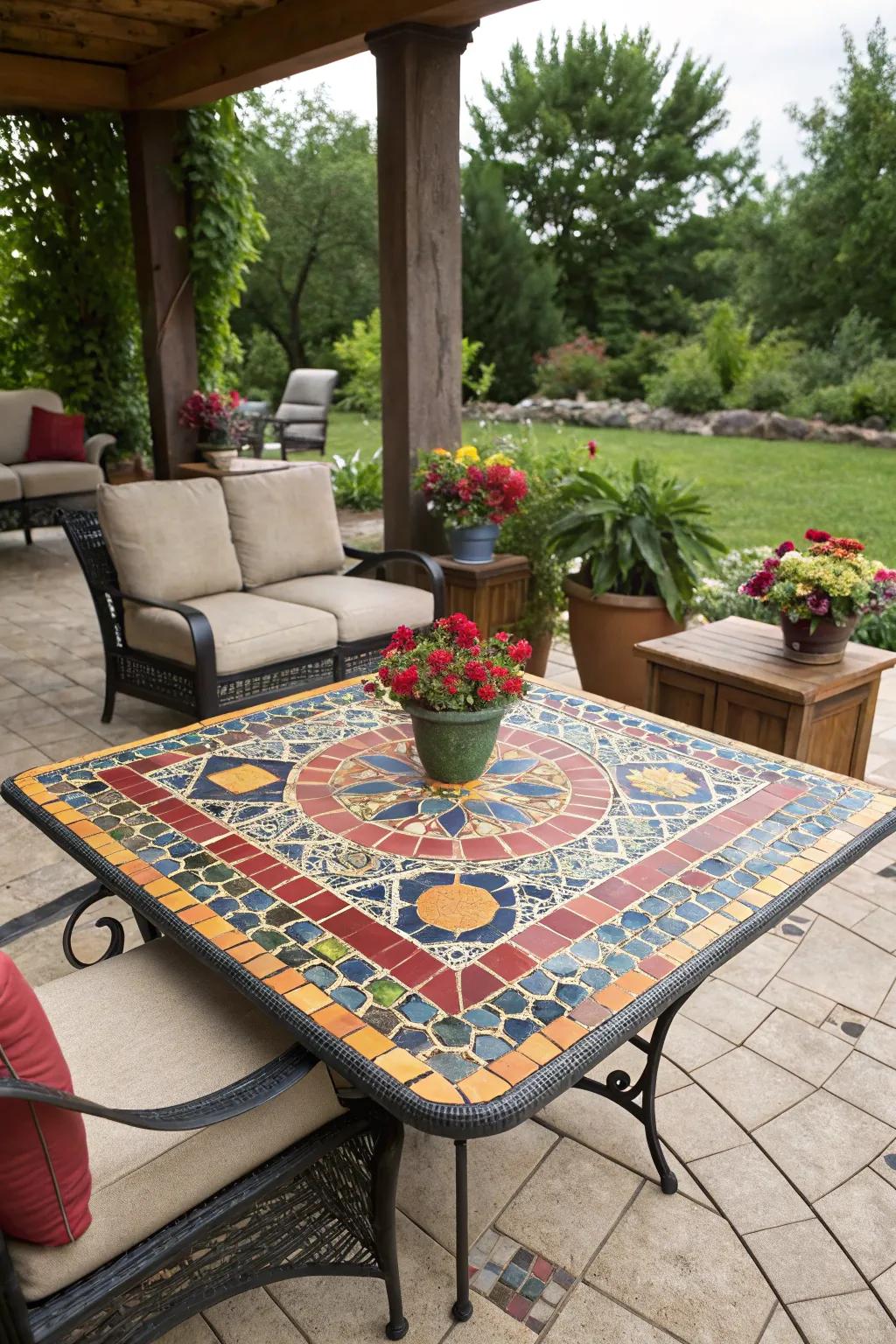 A mosaic table offers a vibrant centerpiece.