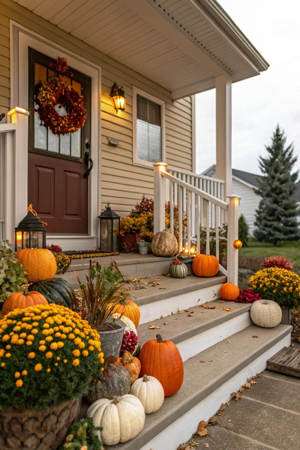 A porch decorated with seasonal accessories like pumpkins and colorful decor.