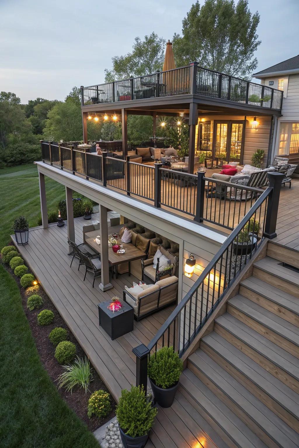 Multi-level decks offer diverse spaces for dining, relaxing, and entertaining.