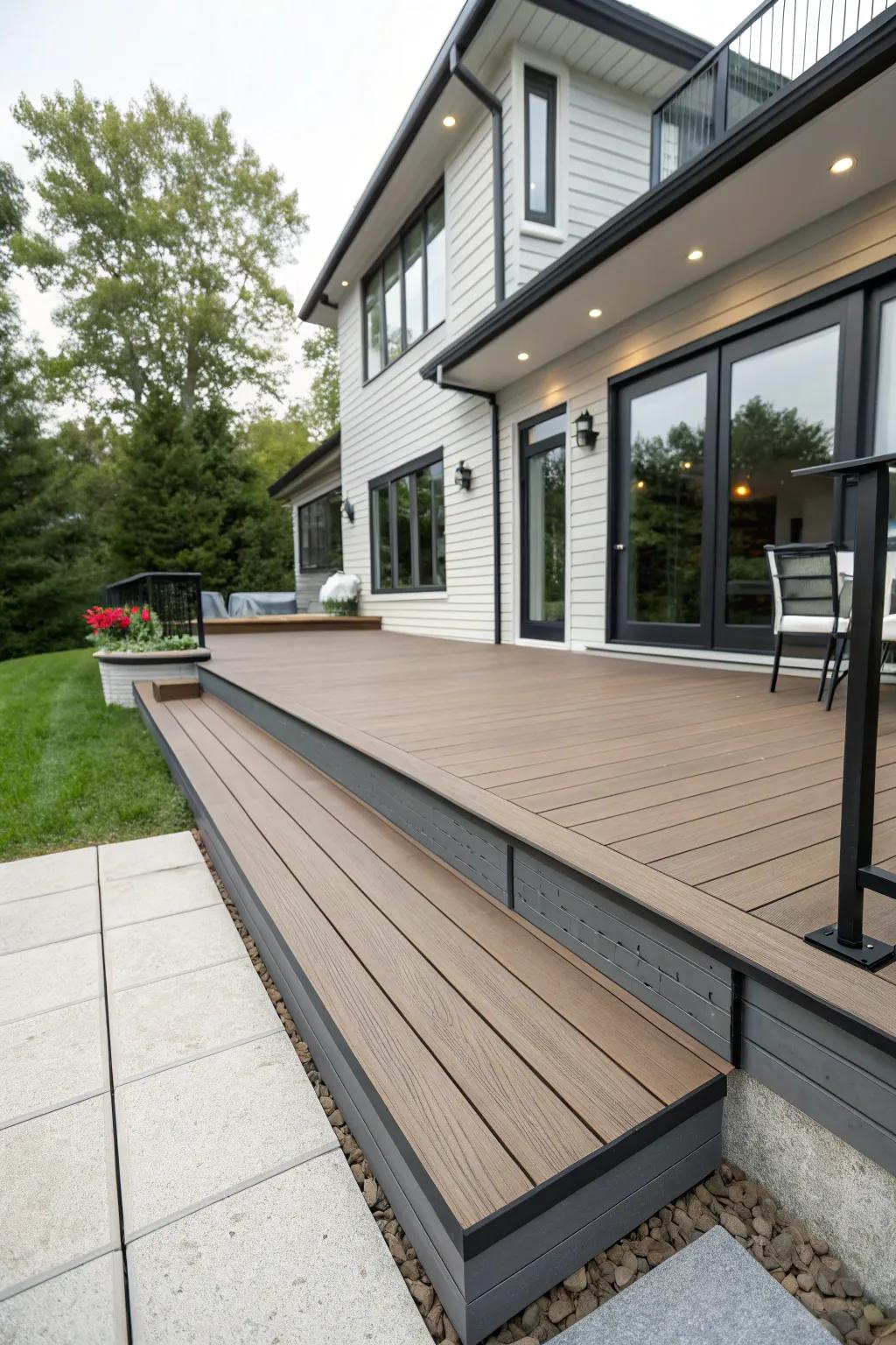 Composite deck with groove-detailed trim, adding texture to a modern design.