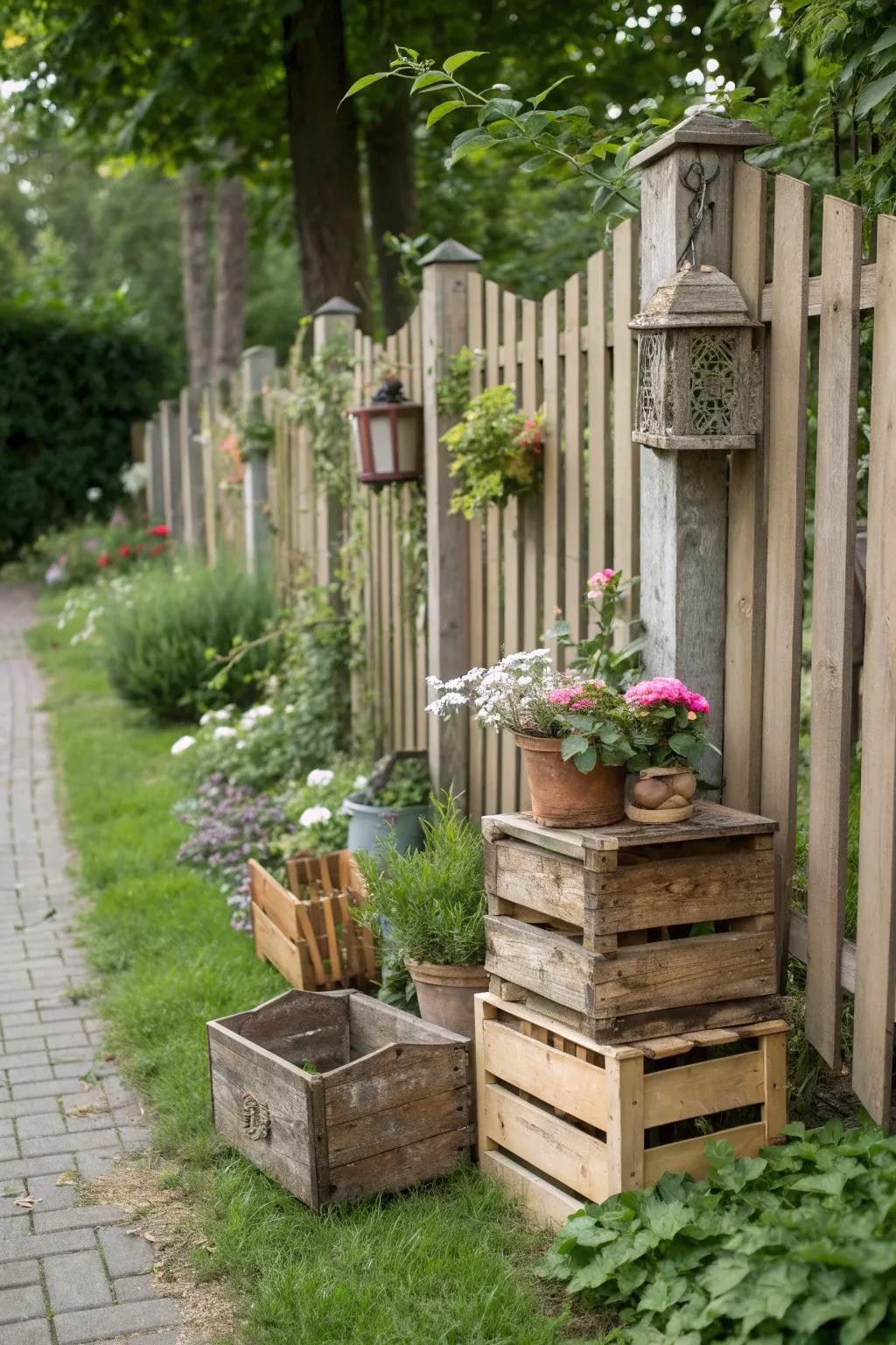 Vintage crates add rustic charm and functionality to this composite fence.