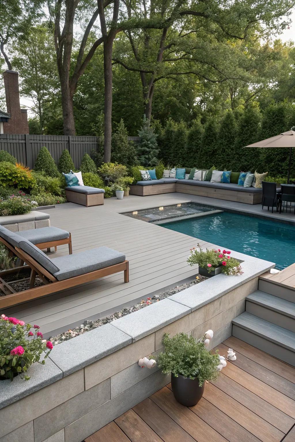 Built-in benches offer cozy spots for relaxation.