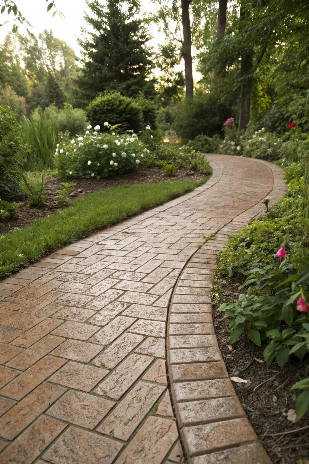 Stamped concrete walkway resembling brick, adding charm to a garden.