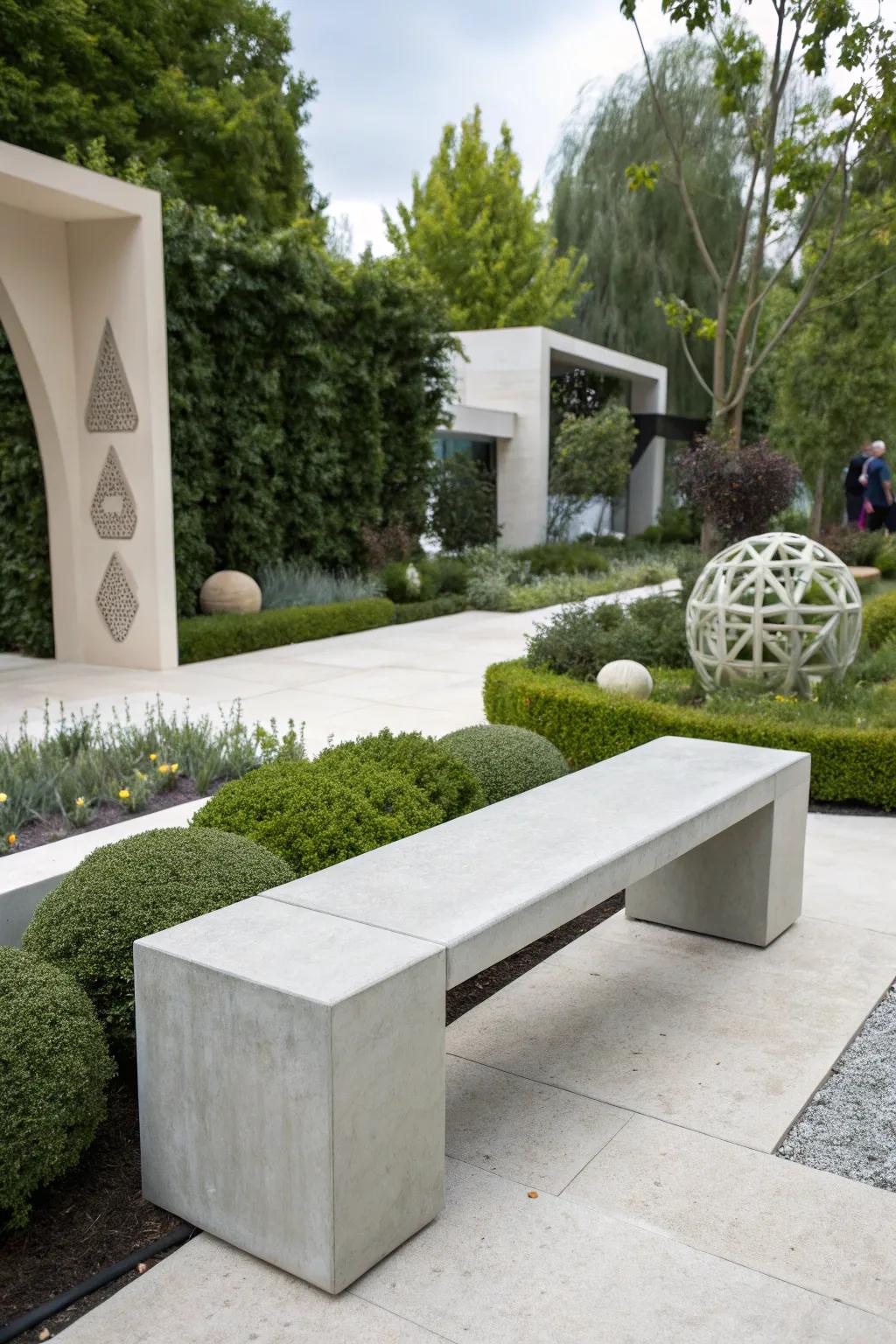 A sculptural bench makes a bold artistic statement in any garden.