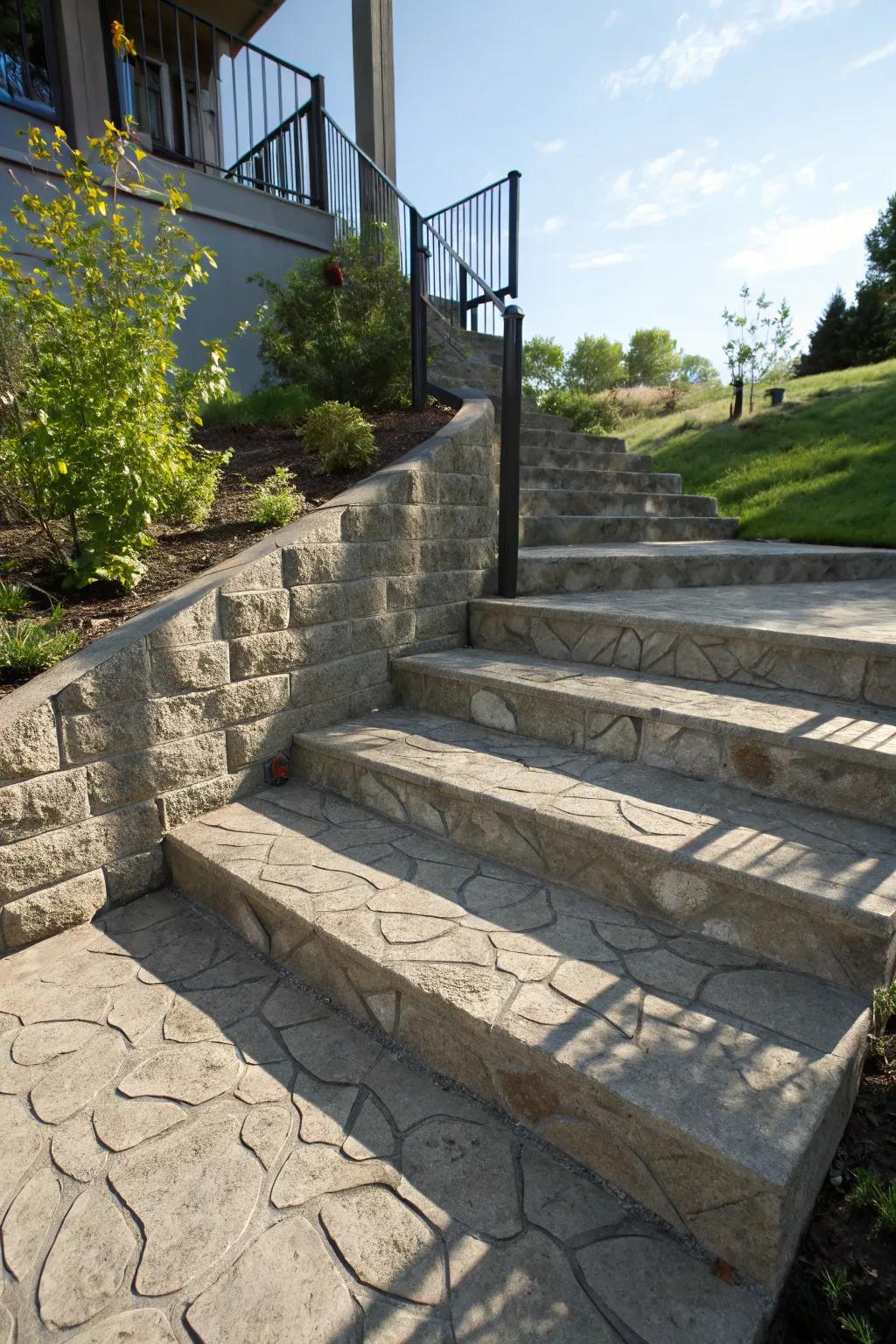 Stamped concrete patterns create the illusion of natural stone on stairs.